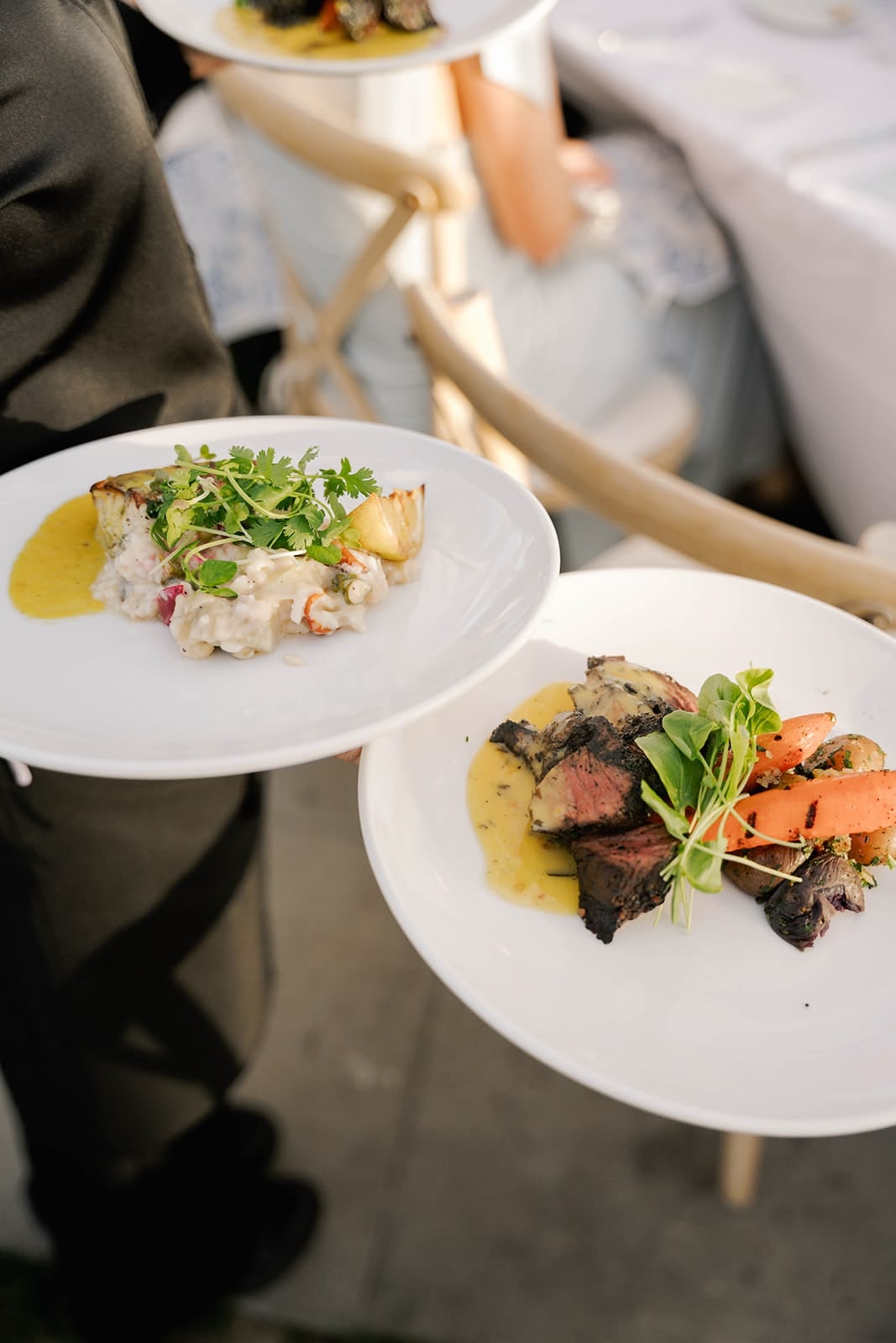 Fine dining plated seafood and meat courses